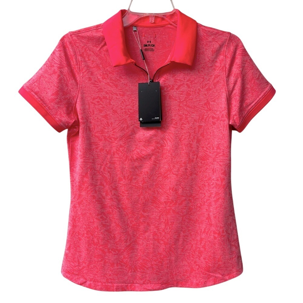 Under Armour Short Sleeve Polo Shirt Womens Small Pink Zinger Jacquard Zip NWT